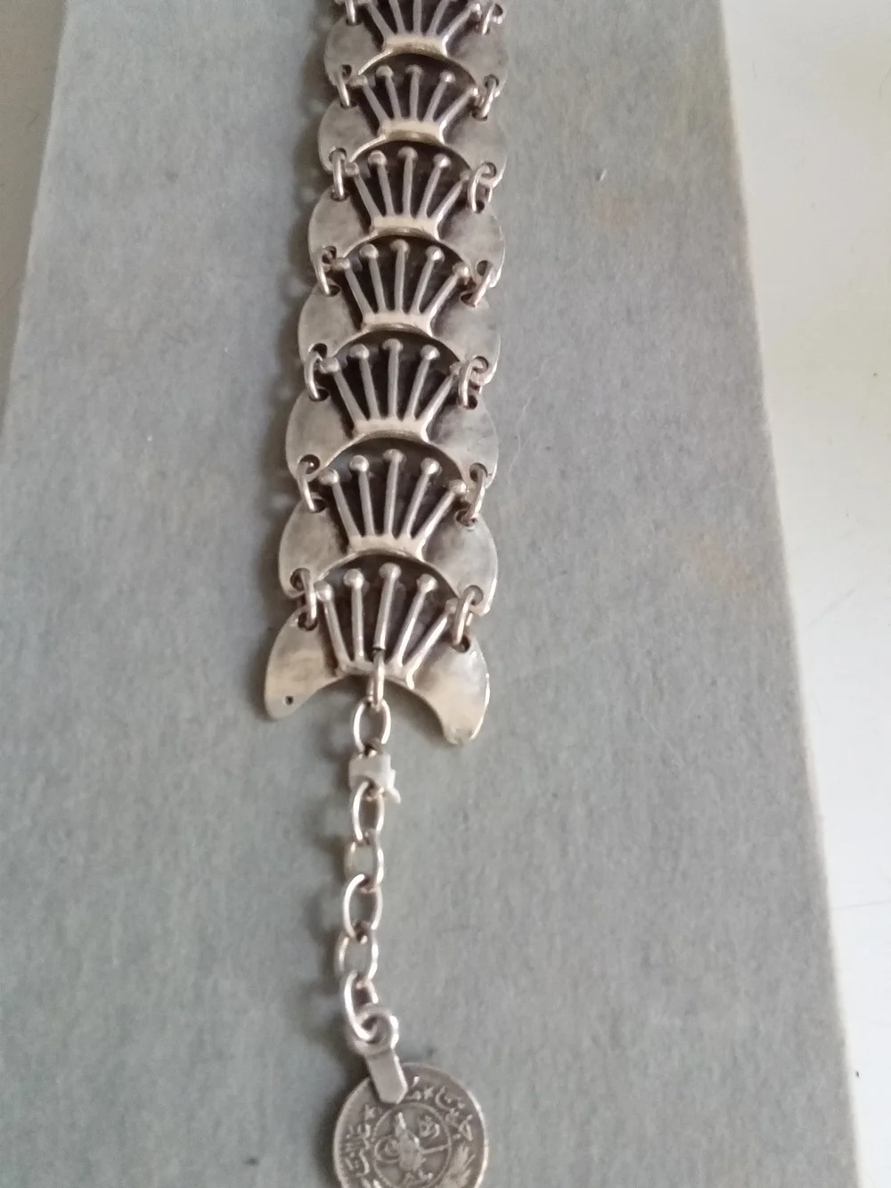 Vintage Brutalist Silver Tone Crescent Panel Bracelet with Coin Charm Boho